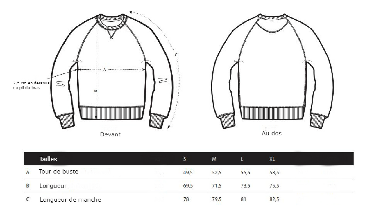guide des tailles sweat homme