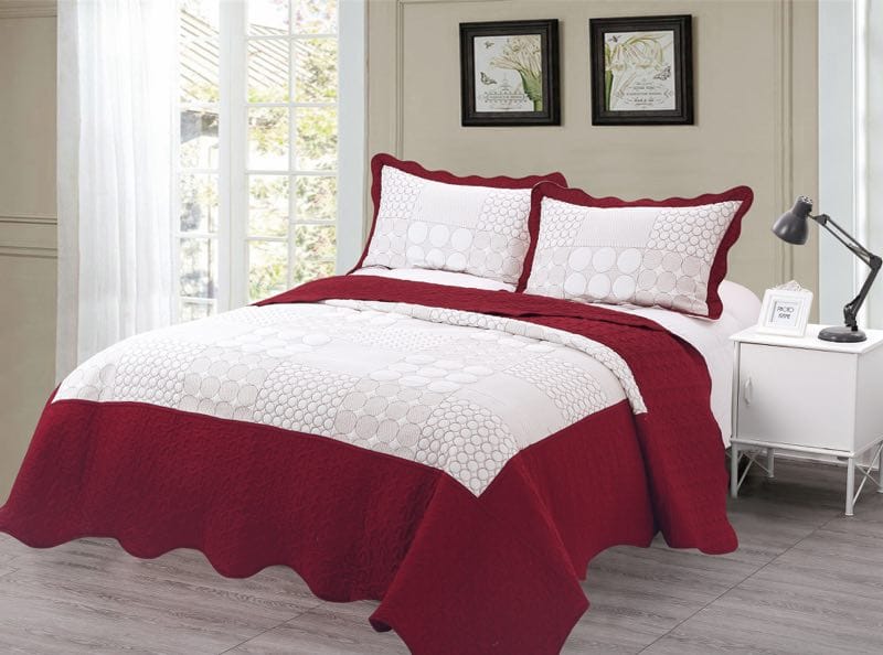 Embroidered 3 Piece Bed Quilt Bedspread Coverlet Red White
