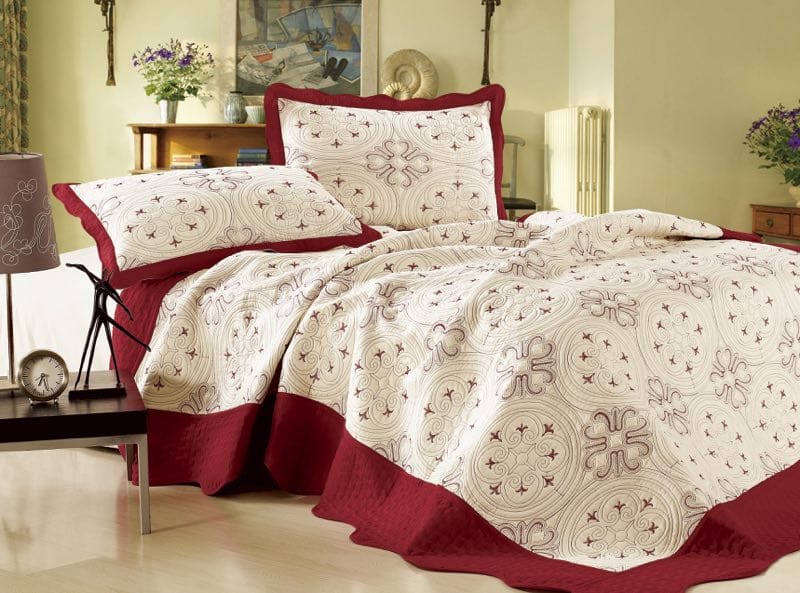 Embroidered 3 Piece Bed Quilt Bedspread Coverlet White Red