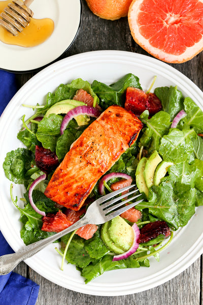 Kale Citrus Salad with Honey Salmon and Grapefruit Vinegar 