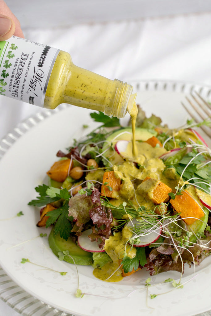 Roasted Squash and Chickpea Salad with Lemon Green Tahini Dressing