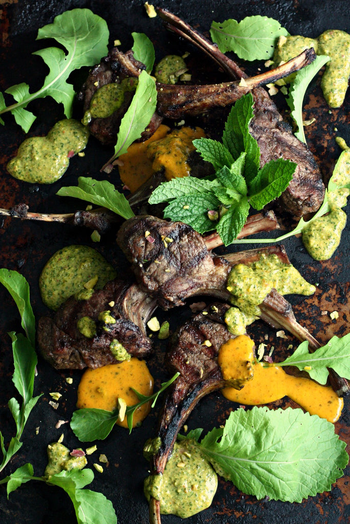 Grilled Lamb Chops with Chermoula Mint Pistachio Pesto