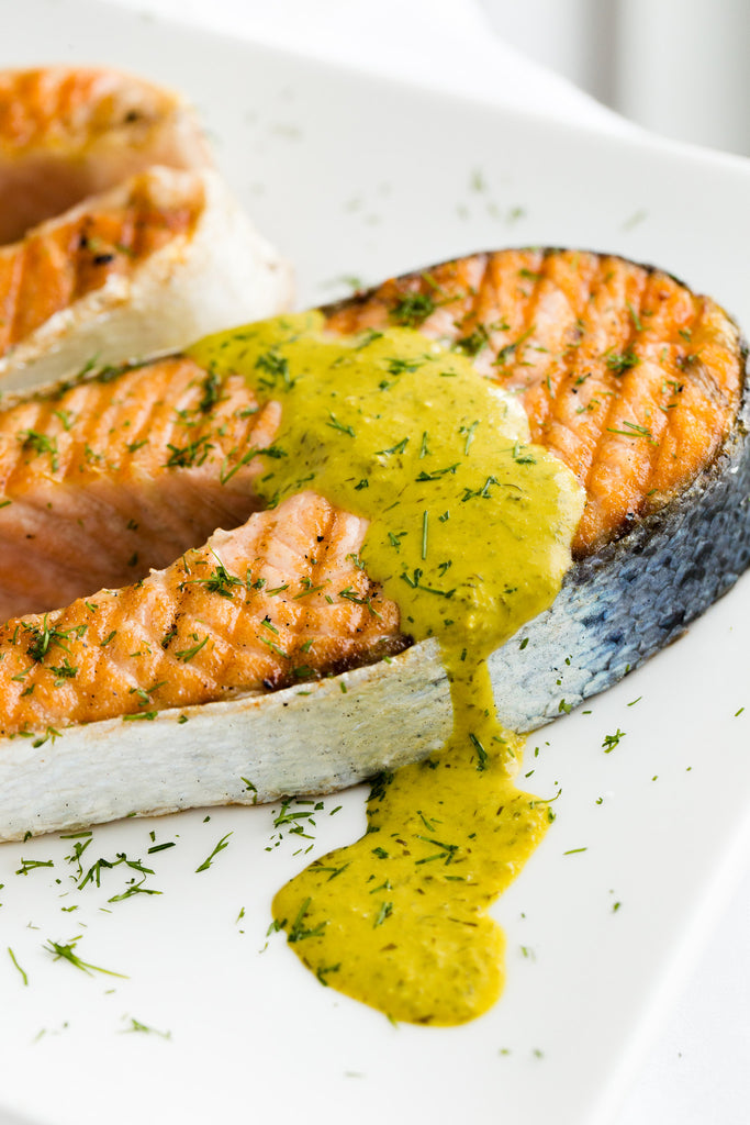 Salmon Steaks with Lemon Dill Tahini Sauce 