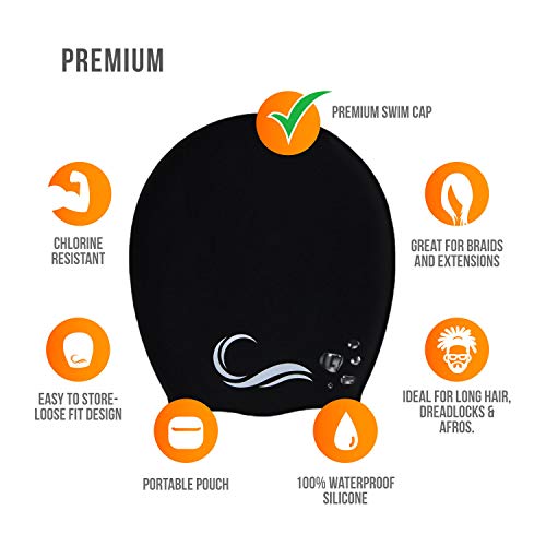 Premium Large Silicone Swimming Cap XL Black For Long Hair Dreadlocks Braids New 