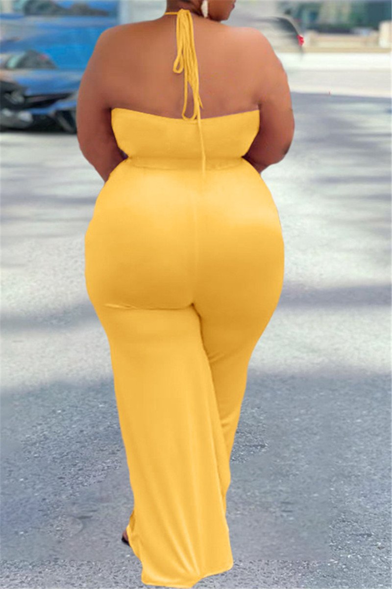 Plus Size L-4XL Flounce Halter Backless Casual Jumpsuit Cutegurus Plus Size L-4XL Flounce Halter Sleeveless Casual Jumpsuit