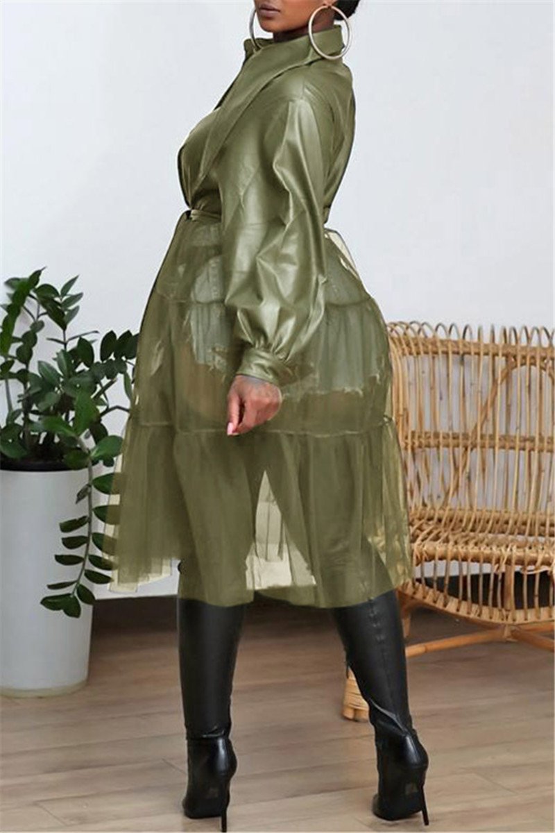 PU Net Yarn Splicing Bowknot Bandage Waist Outcoat Cutegurus
