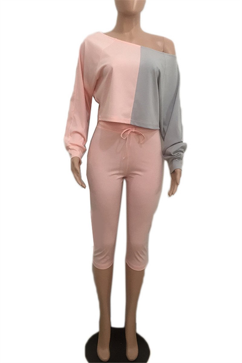 Off Shoulder Color Splicing Top with Drawstring Waist Pants Sets Cutegurus Off Shoulder Color Splicing Top with Drawstring Waist Pants Sets