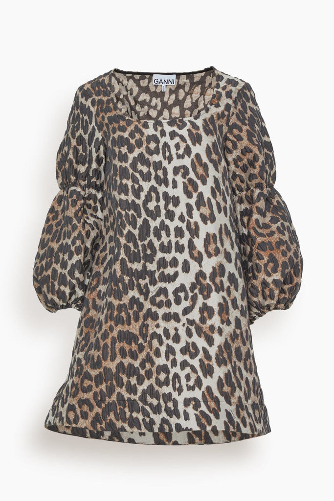 Ganni 3D Jacquard Puff Sleeve Mini Dress in Big Leopard Almond