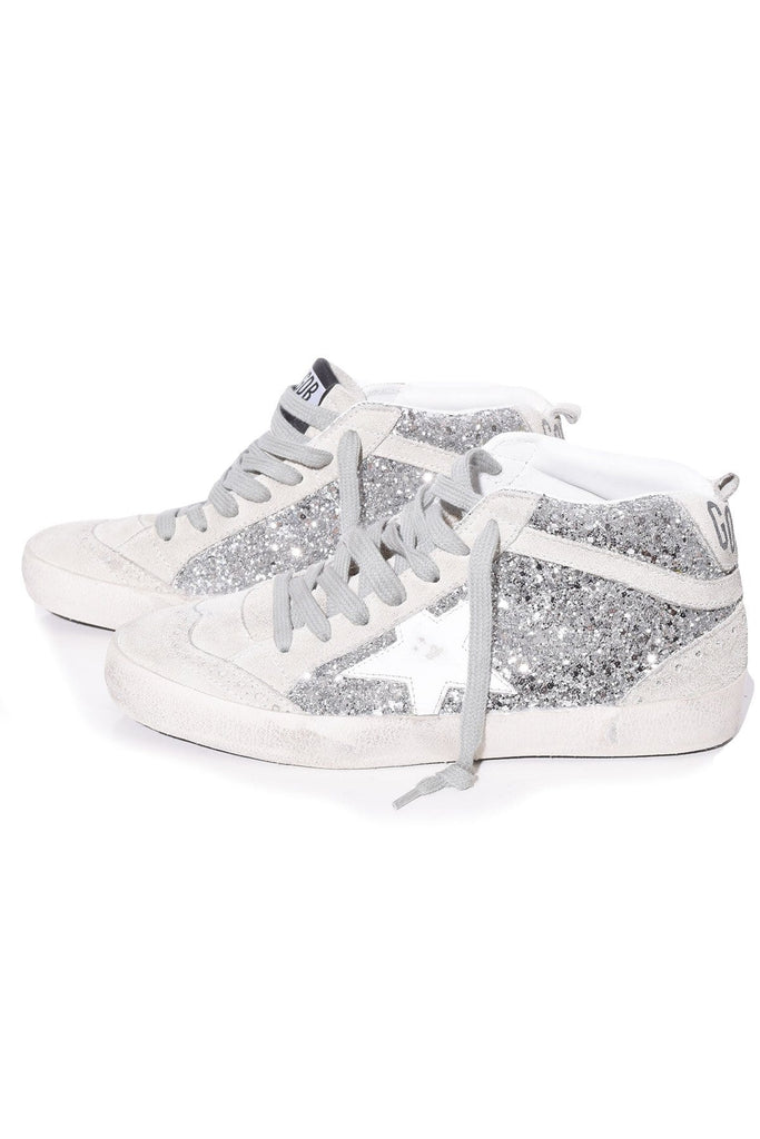 Golden Goose Mid Star Sneakers In Silver Glitter White Star Hampden Clothing