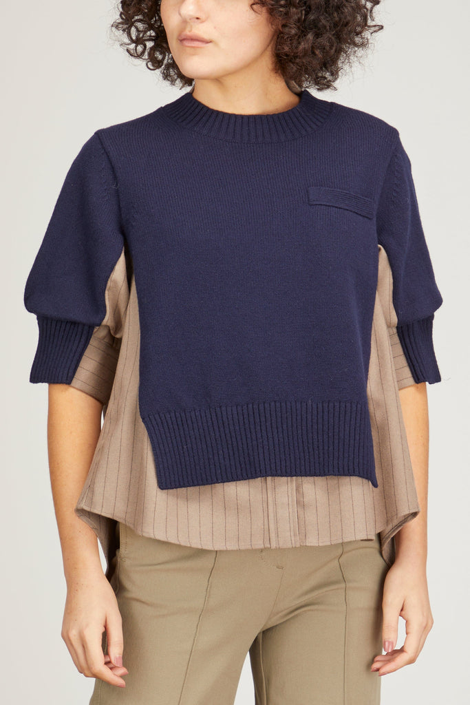 Chalk Stripe x Wool Knit Pullover in Navy/Beige