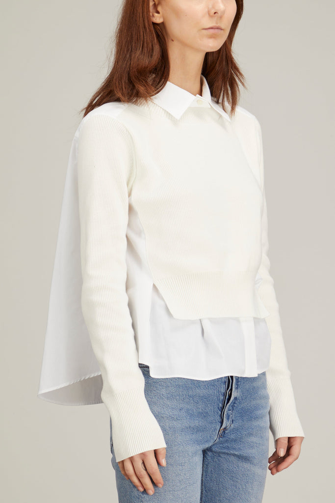 Cotton Poplin x Knit Pullover in White