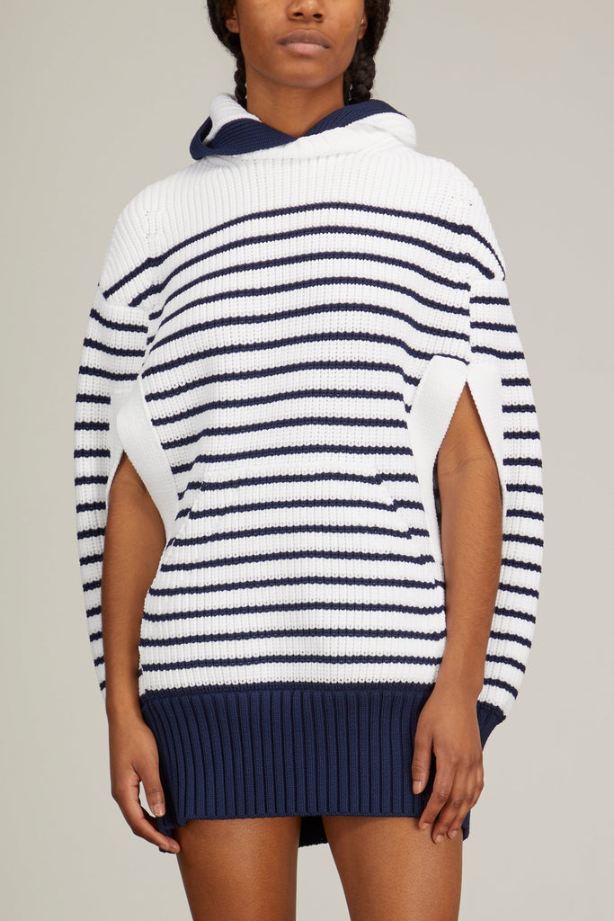 Horizontal Stripe Knit Cape in Off White