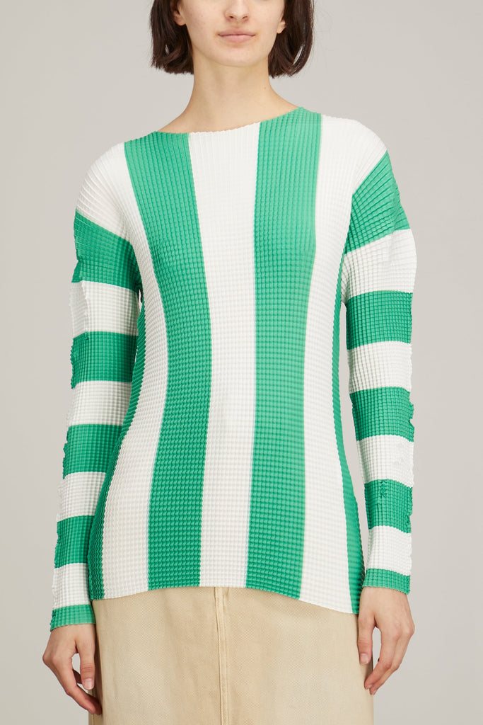 Sunnei Pleated Long Sleeve Top in Off White/Green Stripes