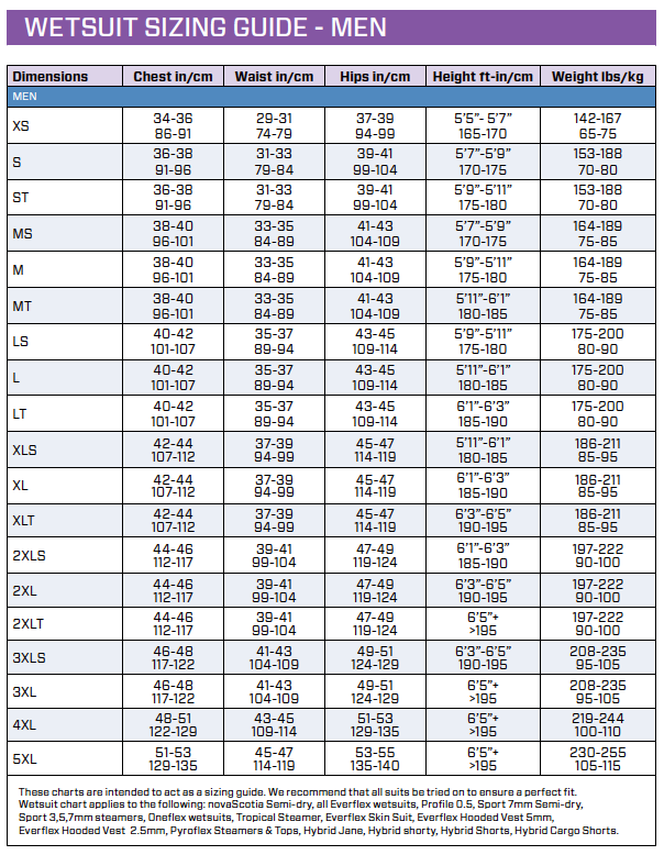 Everflex Men Scubapro 7/5MM Size Chart