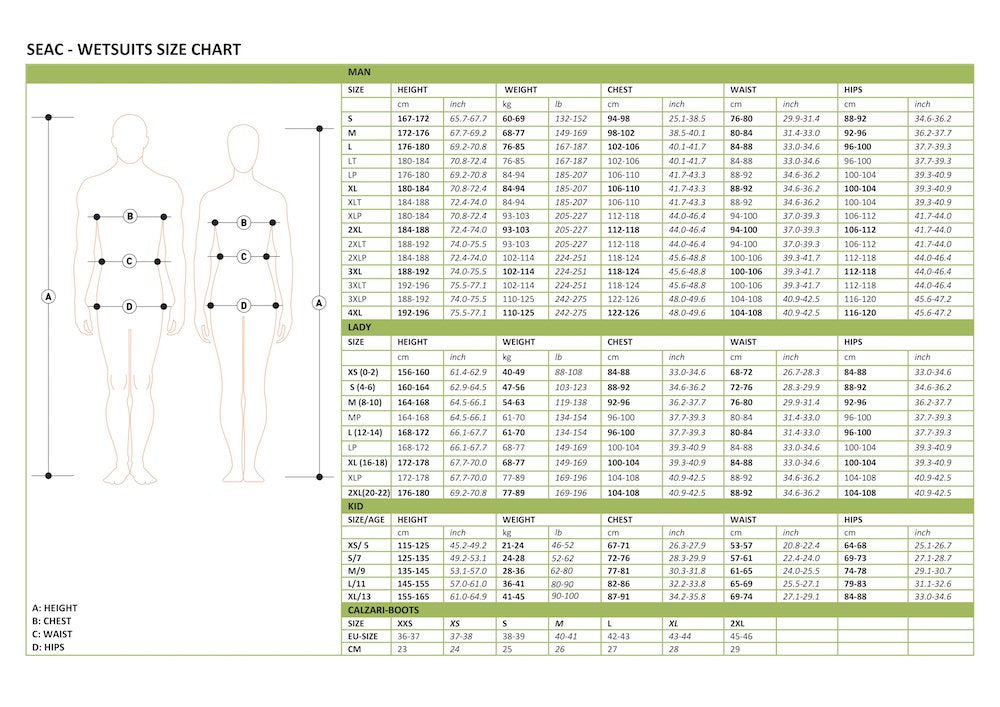 SEAC KOMODA 7MM SIZE CHART - BLUE HOLIC SCUBA
