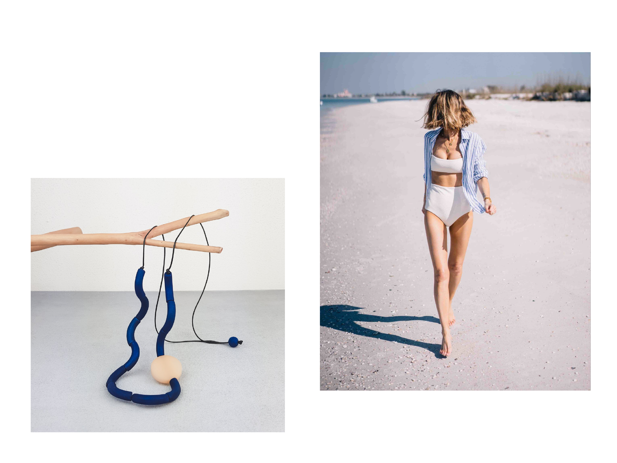 Girl wearing white bikini set and blue polo shirt with moy wooden necklace