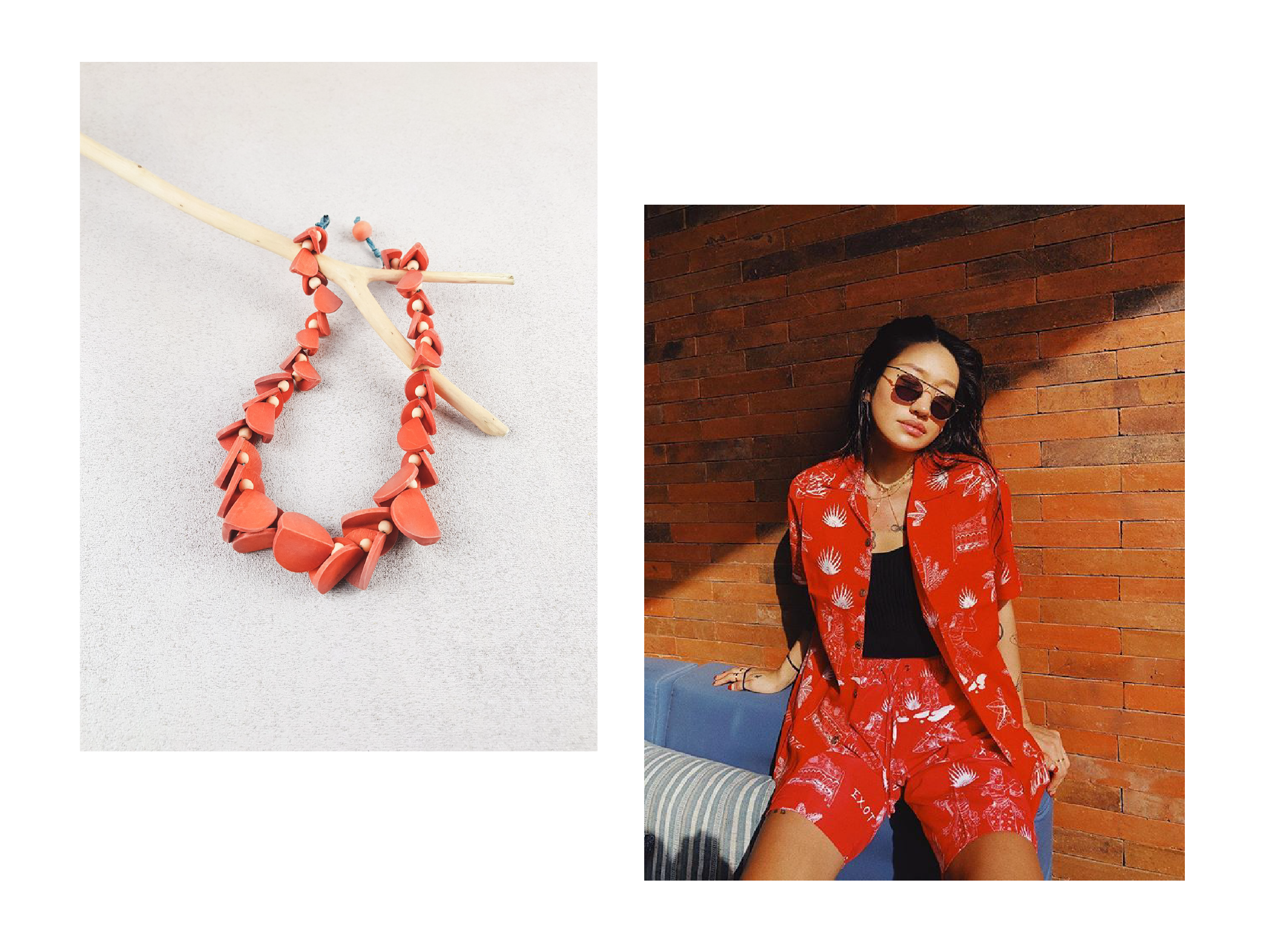 Peggy gou wearing red terno set with moy wooden necklace