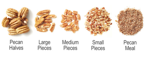 Different types of pecans - Size chart from Pecan Halves to Pecan Meal