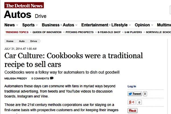 Detroic News Article Car Culture and Cookbooks