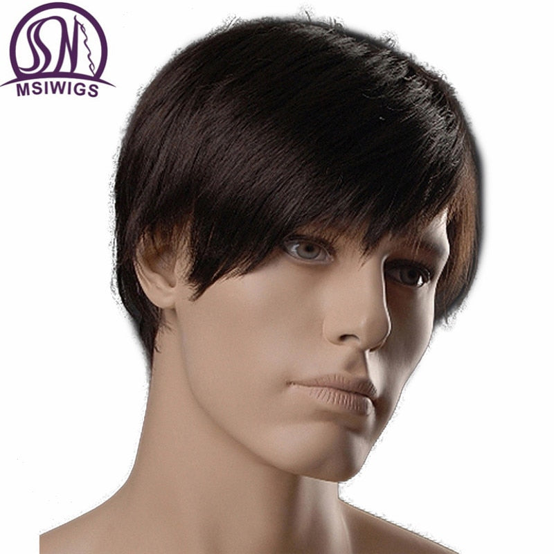 Msiwigs 6 Inch Short Straight Synthetic Men Wigs Dark Brown Color Natural Male Wig With Side Bangs Heat Resistant Fiber