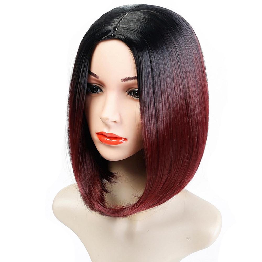 Difei Short Red Ombre Bob Middle Part Wig Shoulder Length Heat Resistant Synthetic Party Cosplay Women S Hair Wigs Dark Roots