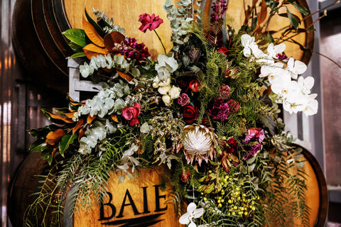 Wedding fresh flower installation at local winery Baie Wines on Barrels, Geelong Lustre Blooms