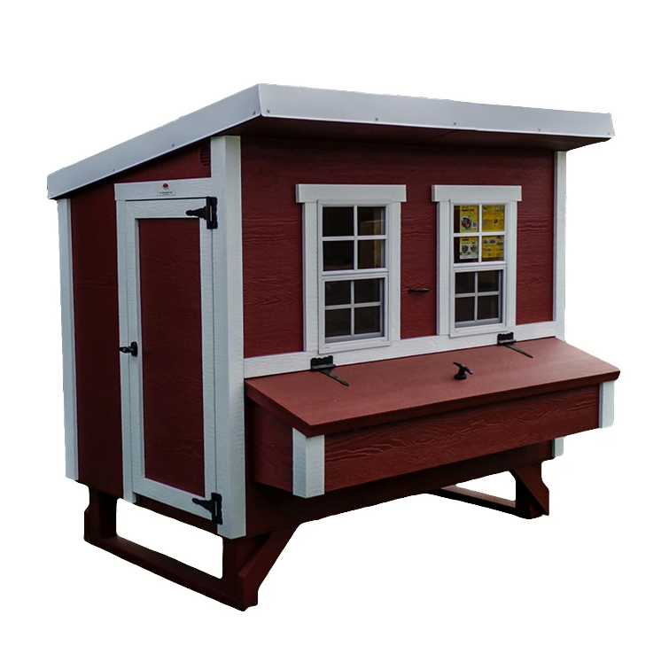 Picture of a dark red large chicken coop with 2 windows and white trim
