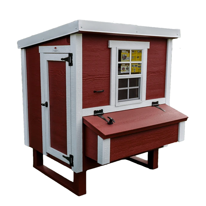 Picture of a dark red medium-sized chicken coop with white trim