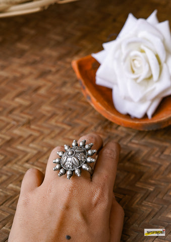 German Silver Floral Adjustable Surya Ring