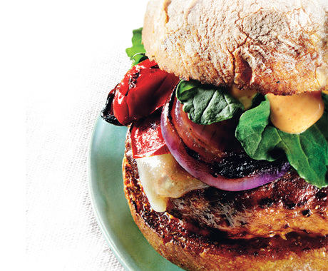 grilled turkey burger with cheddar and smokey aioli recipe... 6 Easy, Innovative, & Healthy Recipes for Summer from Bathroom Bliss by Rotator Rod