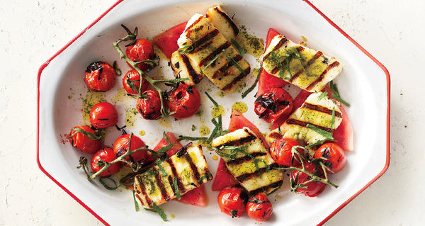 grilled halloumi or feta cheese with watermelon and basil-mint oil recipe... 6 Easy, Innovative, & Healthy Recipes for Summer from Bathroom Bliss by Rotator Rod