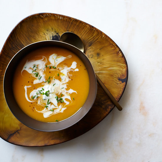 Smoky Butternut Squash Soup recipe with adobe chipotle and creme fraiche... 6 Easy, Spa-Inspired Recipes for a Relaxing Thanksgiving Feast from The Bathroom Bliss Blog by Rotator Rod 