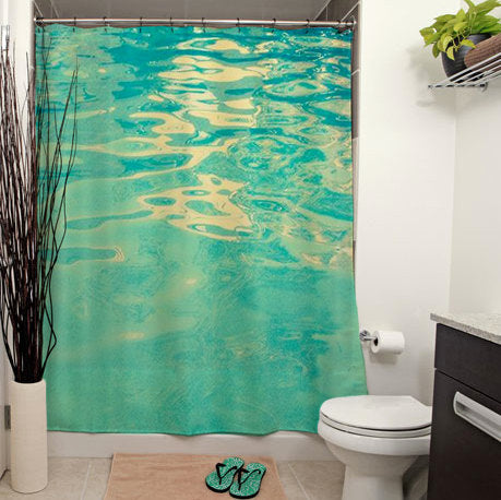 peaceful blue pool water shower curtain in white bathroom... 6 Perfect Beach Shower Curtains for Summer from Bathroom Bliss by Rotator Rod