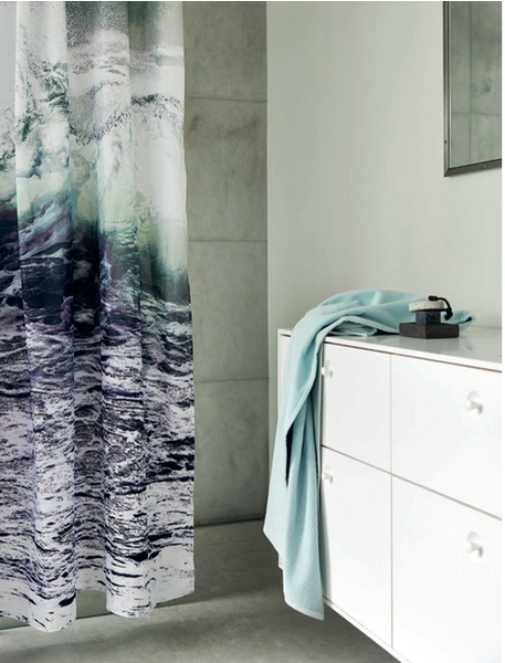 wave shower curtain in white bathroom with blue towel... 6 Perfect Beach Shower Curtains for Summer from Bathroom Bliss by Rotator Rod