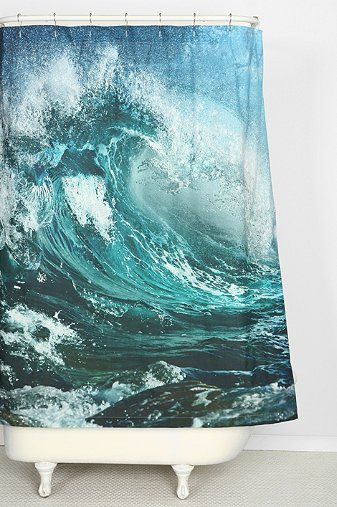 wave shower curtain with white freestanding bathtub... 6 Perfect Beach Shower Curtains for Summer from Bathroom Bliss by Rotator Rod