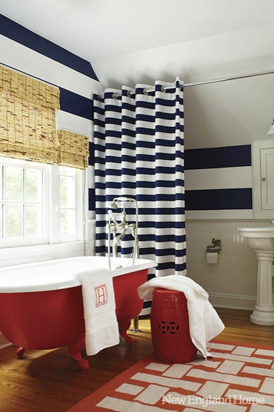 large bathroom with red claw foot tub, blue and white striped curtain and wall, white towels ... American Inspired Red, White & Blue Bathrooms from Bathroom Bliss by Rotator Rod 
