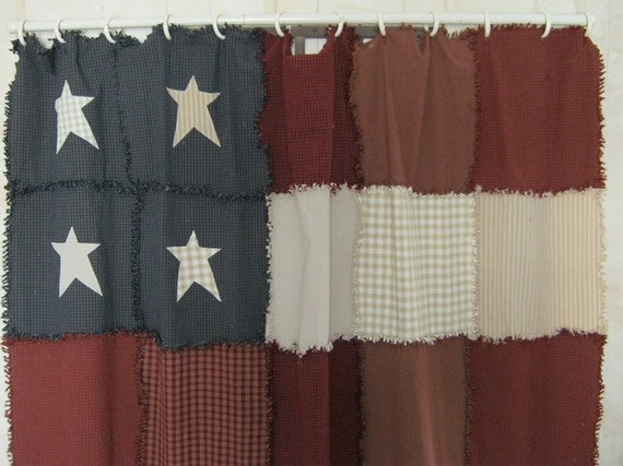 handmade American flag patchwork shower curtain... American Inspired Red, White & Blue Bathrooms from Bathroom Bliss by Rotator Rod 