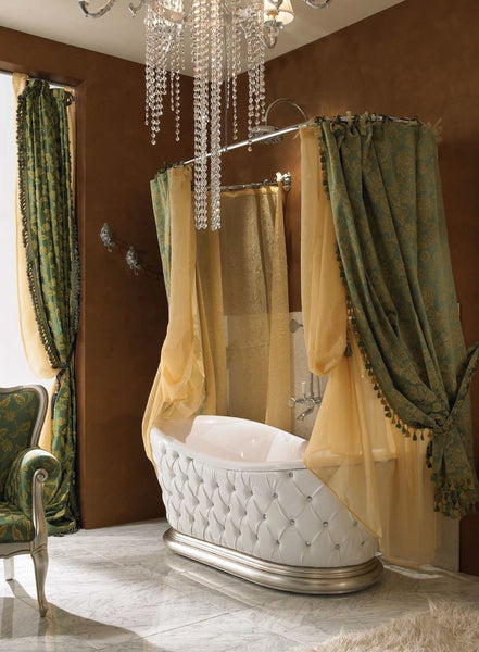 glamorous large bathroom featuring a freestanding bathtub, shower curtains, chandelier... Bathroom Decor Ideas: Luxurious Shower Curtains from Bathroom Bliss by Rotator Rod