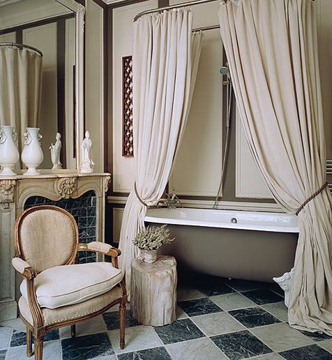 beautiful bathroom with freestanding bathtub, double white shower curtains, fireplace, chair... Bathroom Decor Ideas: Luxurious Shower Curtains from Bathroom Bliss by Rotator Rod