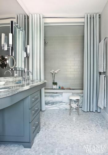 beautiful blue bathroom with marble and oversized shower curtains... Bathroom Decor Ideas: Luxurious Shower Curtains from Bathroom Bliss by Rotator Rod