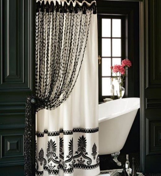 elegant black and white bathroom... Bathroom Decor Ideas: Luxurious Shower Curtains from Bathroom Bliss by Rotator Rod