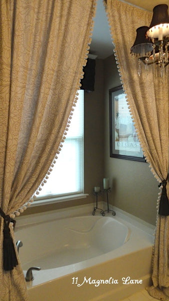 beautiful bathtub area detail with two elegant shower curtains... Bathroom Decor Ideas: Luxurious Shower Curtains from Bathroom Bliss by Rotator Rod