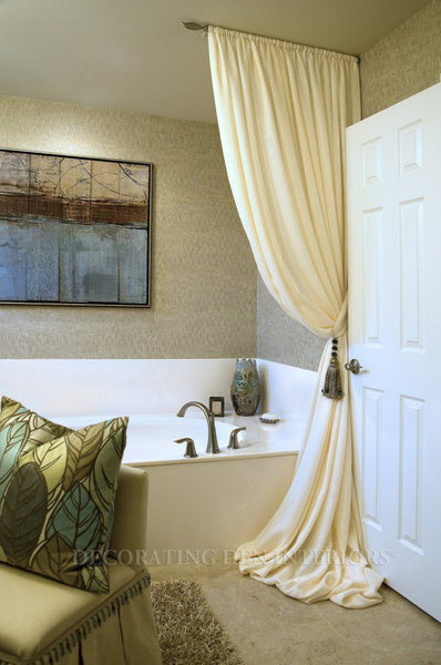 stunning bathroom with white shower curtain pooling on the floor, painting... Bathroom Decor Ideas: Luxurious Shower Curtains from Bathroom Bliss by Rotator Rod
