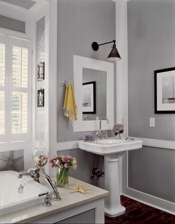 large gray & white bathroom with white accents and flowers... Bathroom Design Trends: Gorgeous Gray Inspiration