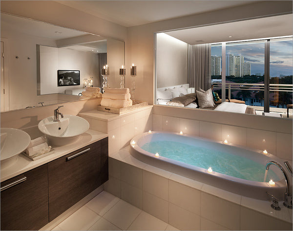 beautiful white & dark wood bathroom with big bathtub and beautiful Miami view... Bathroom Design Trends: Miami Style from Bathroom Bliss by Rotator Rod