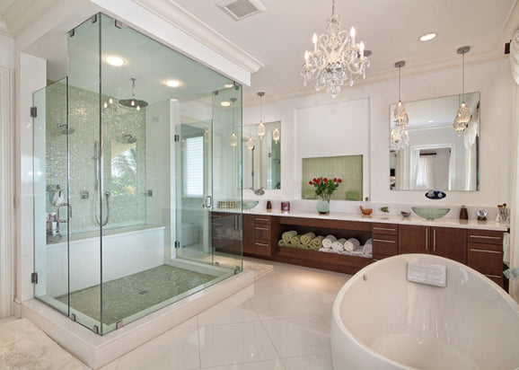 luxurious modern white bathroom with wood accents, freestanding bathtub & chandelier... Bathroom Design Trends: Miami Style from Bathroom Bliss by Rotator Rod