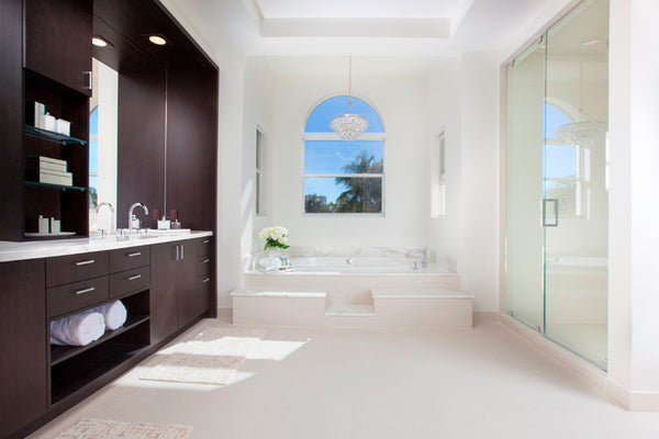 stunning white and dark wood modern Miami bathroom with beautiful view... Bathroom Design Trends: Miami Style from Bathroom Bliss by Rotator Rod