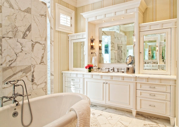 beautiful white marble bathroom with shelving & freestanding bathtub... Bathroom Design Trends: Miami Style from Bathroom Bliss by Rotator Rod