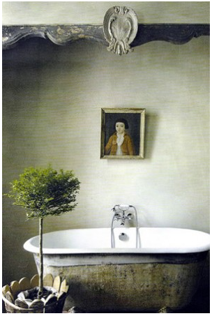 free standing bathtub with topiary tree and painted portrait... Bathroom Style Trends: Bathroom Plant Ideas from Bathroom Bliss by Rotator Rod