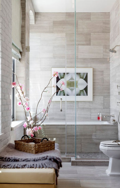 beautiful gray tiled bathroom featuring orchids... Bathroom Style Trends: Bathroom Plant Ideas from Bathroom Bliss by Rotator Rod